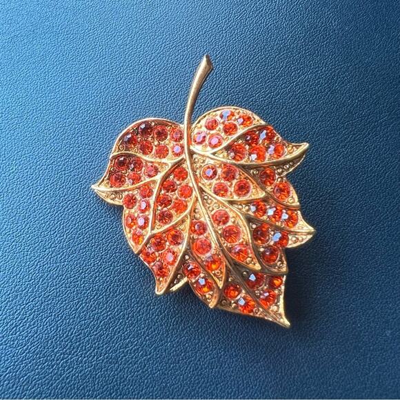 Rapallo rhinestone orange Autumn fall maple leaf designer signed brooch pin - Picture 3 of 9